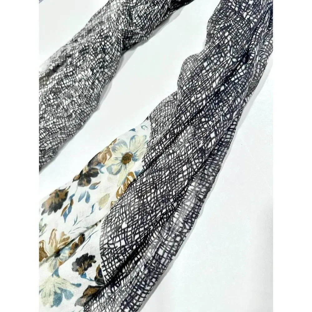 Womens Scarf Floral Theme Blue Black Brown Lightweight Fringe 100% Viscose